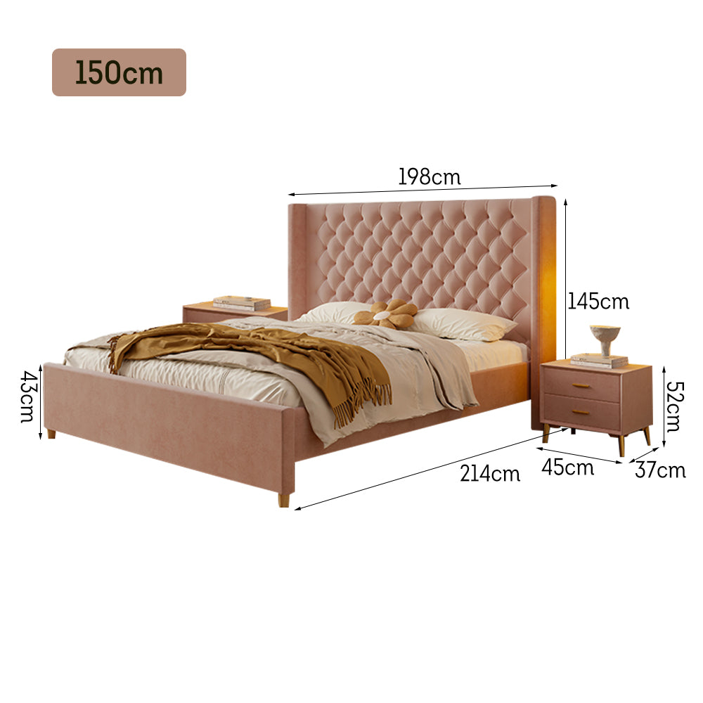 LIVARA SM1907 150/180cm Velvet Fabric Bed With Two Bedside Tables - Pink