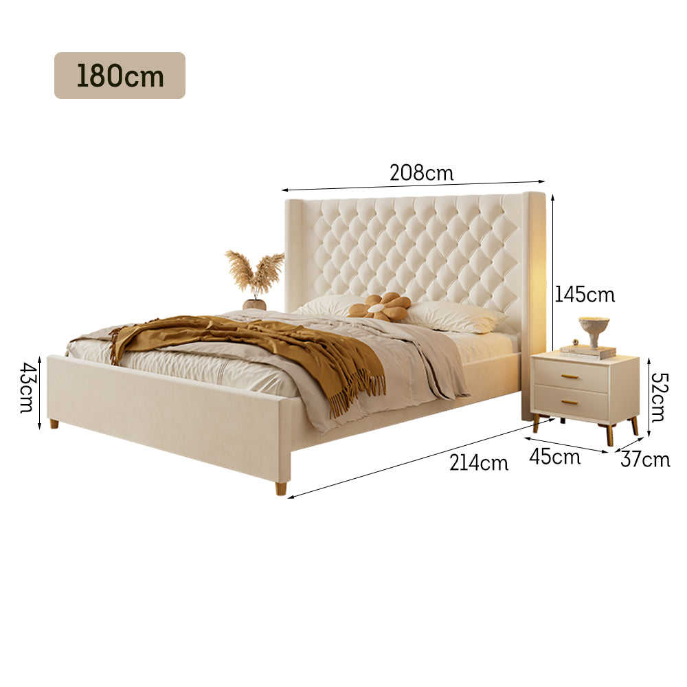 LIVARA SM1907 150/180cm Velvet Fabric Bed With Two Bedside Tables - Beige