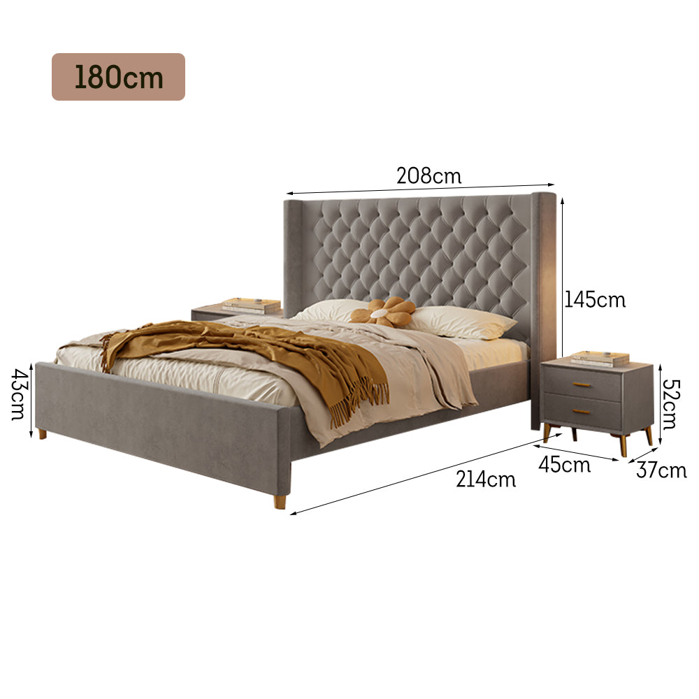 LIVARA SM1907 150/180cm Velvet Fabric Bed With Two Bedside Tables - Grey