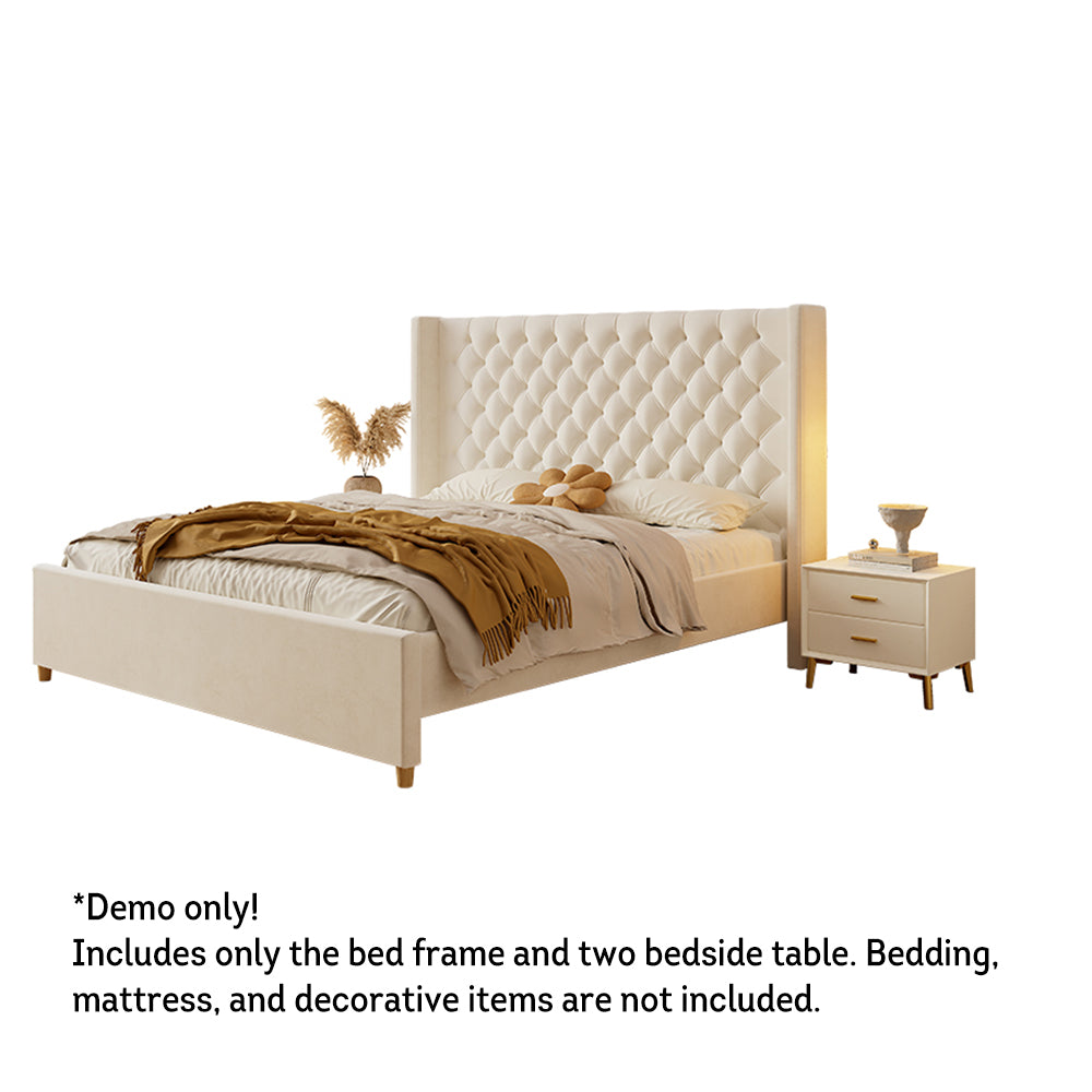 LIVARA SM1907 150/180cm Velvet Fabric Bed With Two Bedside Tables - Beige