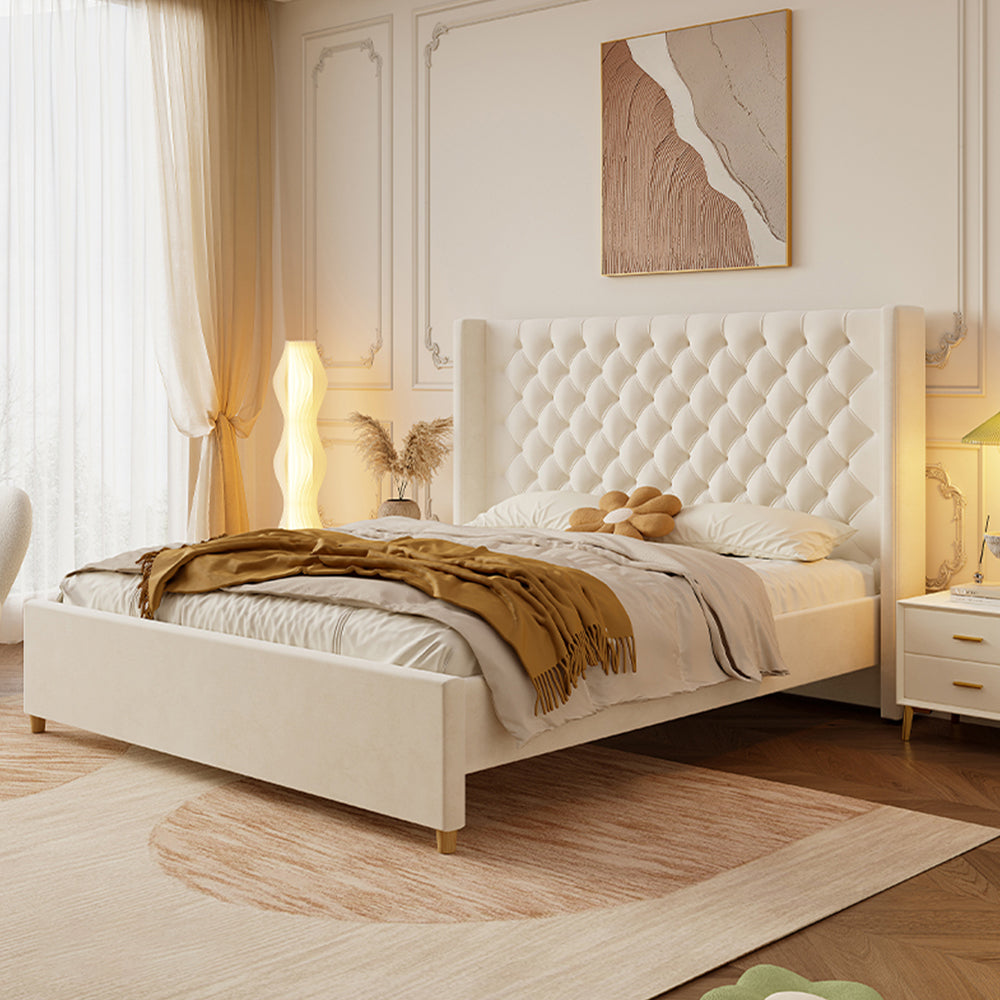 LIVARA SM1907 150/180cm Velvet Fabric Bed With Two Bedside Tables - Beige