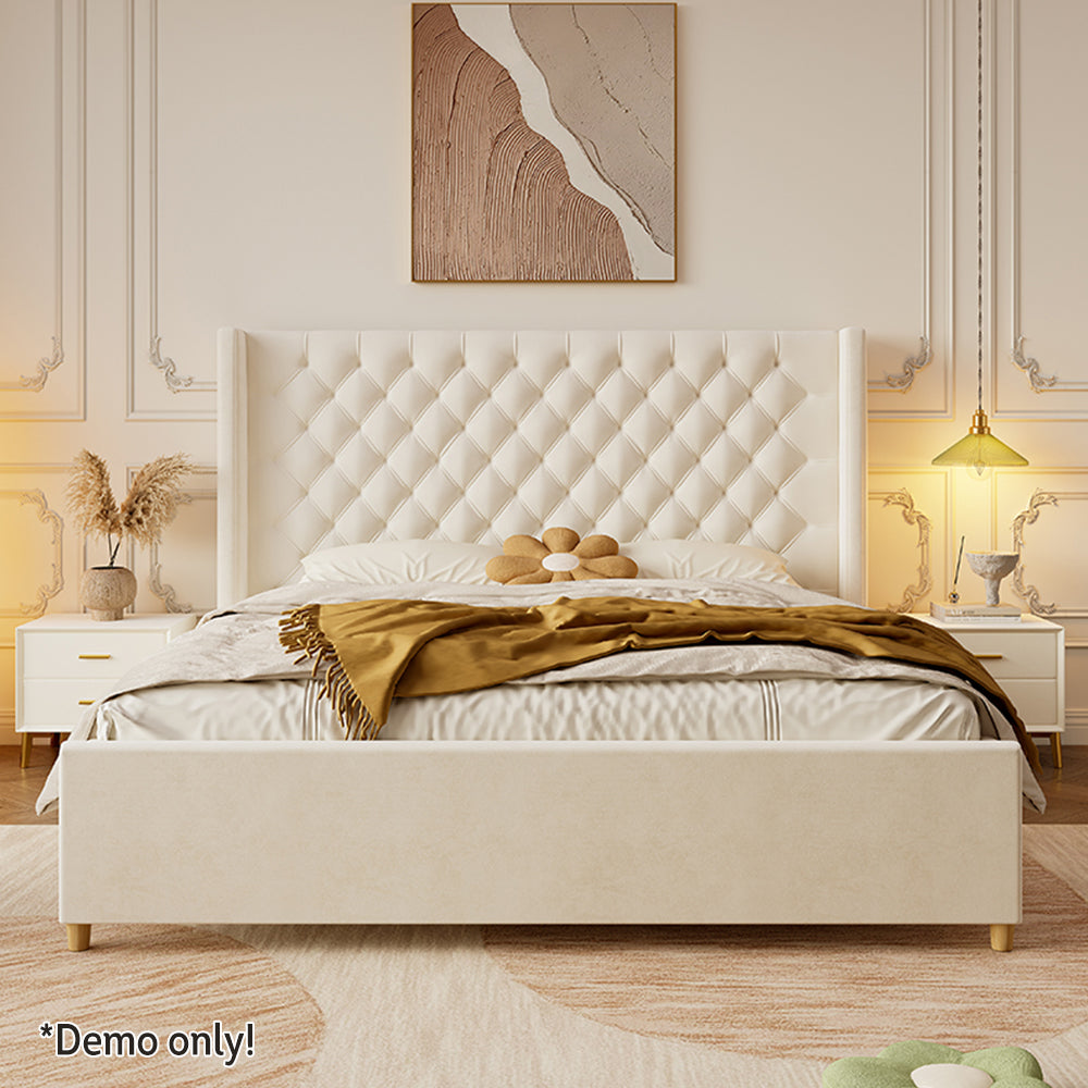 LIVARA SM1907 150/180cm Velvet Fabric Bed With Two Bedside Tables - Beige