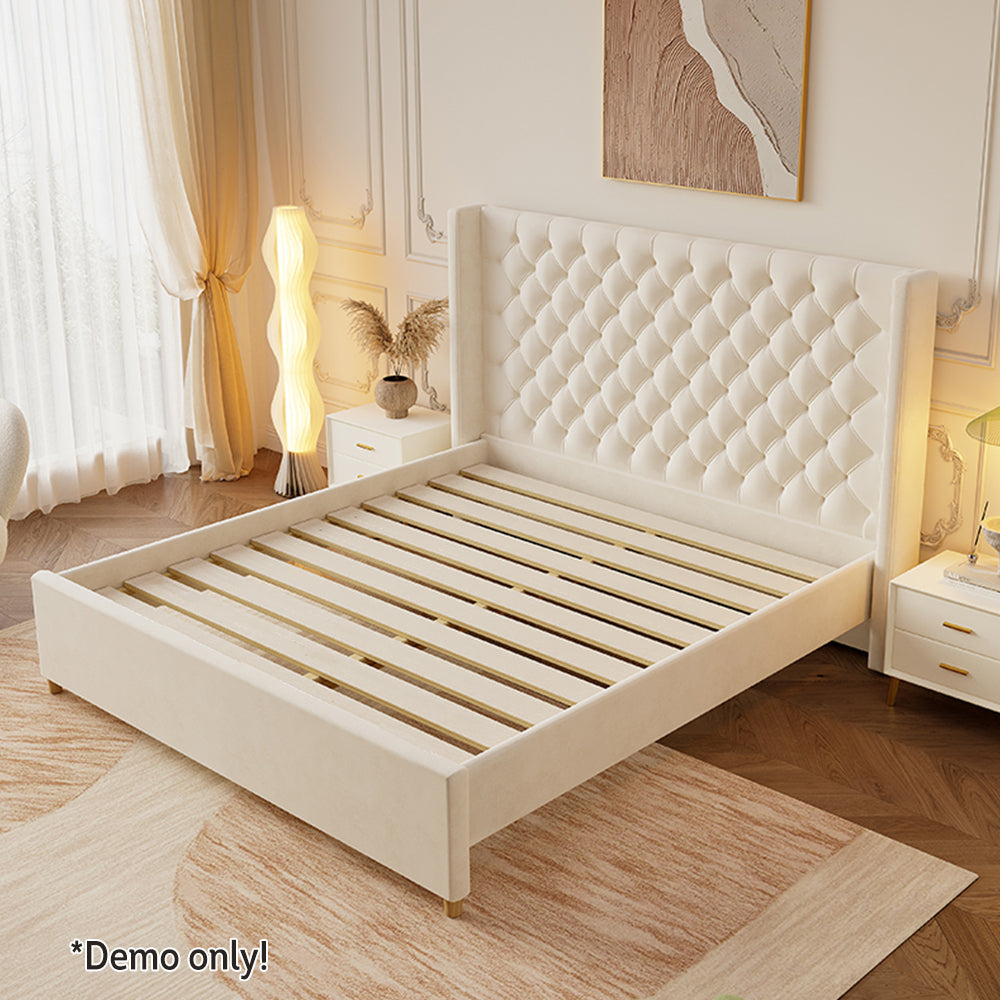 LIVARA SM1907 150/180cm Velvet Fabric Bed With Two Bedside Tables - Beige