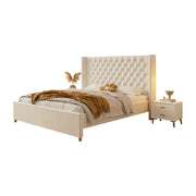 LIVARA SM1907 150/180cm Velvet Fabric Bed With Two Bedside Tables - Beige