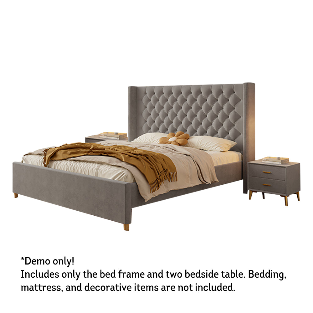LIVARA SM1907 150/180cm Velvet Fabric Bed With Two Bedside Tables - Grey