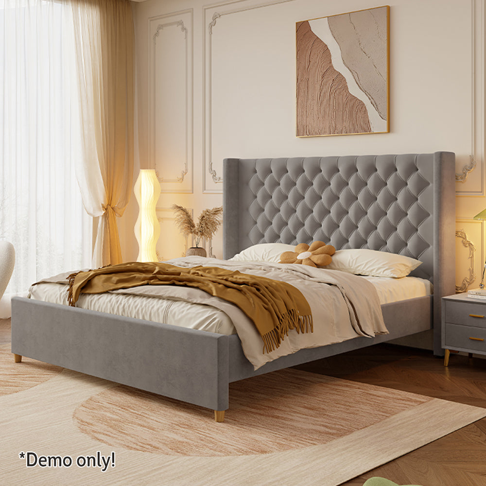 LIVARA SM1907 150/180cm Velvet Fabric Bed With Two Bedside Tables - Grey