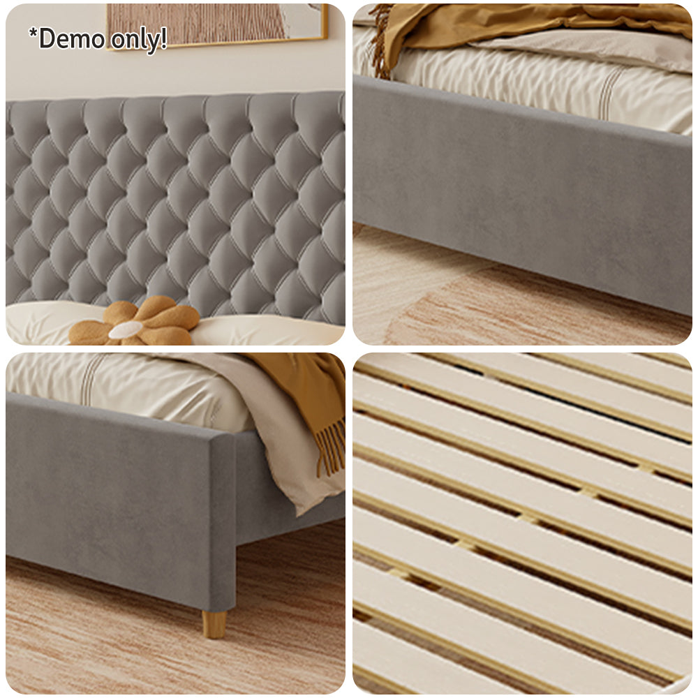 LIVARA SM1907 150/180cm Velvet Fabric Bed With Two Bedside Tables - Grey