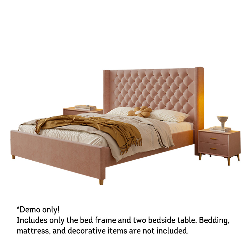 LIVARA SM1907 150/180cm Velvet Fabric Bed With Two Bedside Tables - Pink