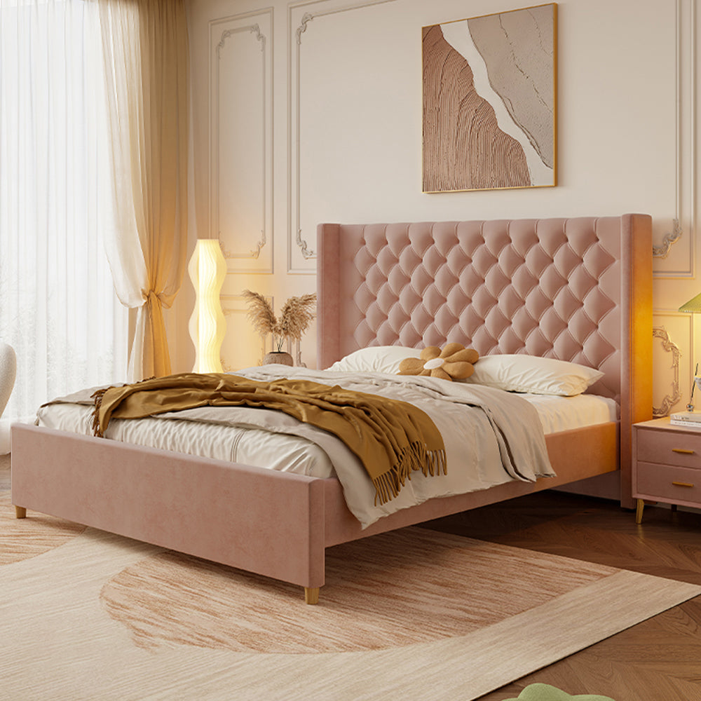 LIVARA SM1907 150/180cm Velvet Fabric Bed With Two Bedside Tables - Pink