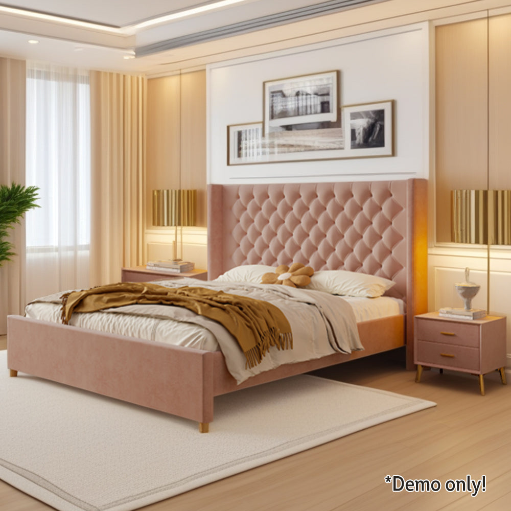 LIVARA SM1907 150/180cm Velvet Fabric Bed With Two Bedside Tables - Pink