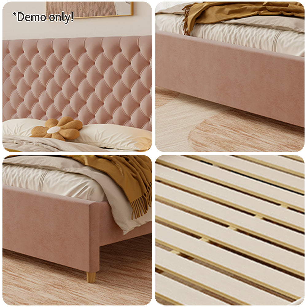 LIVARA SM1907 150/180cm Velvet Fabric Bed With Two Bedside Tables - Pink