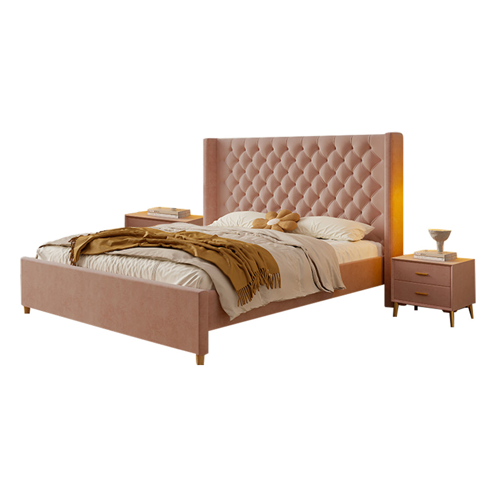 LIVARA SM1907 150/180cm Velvet Fabric Bed With Two Bedside Tables - Pink