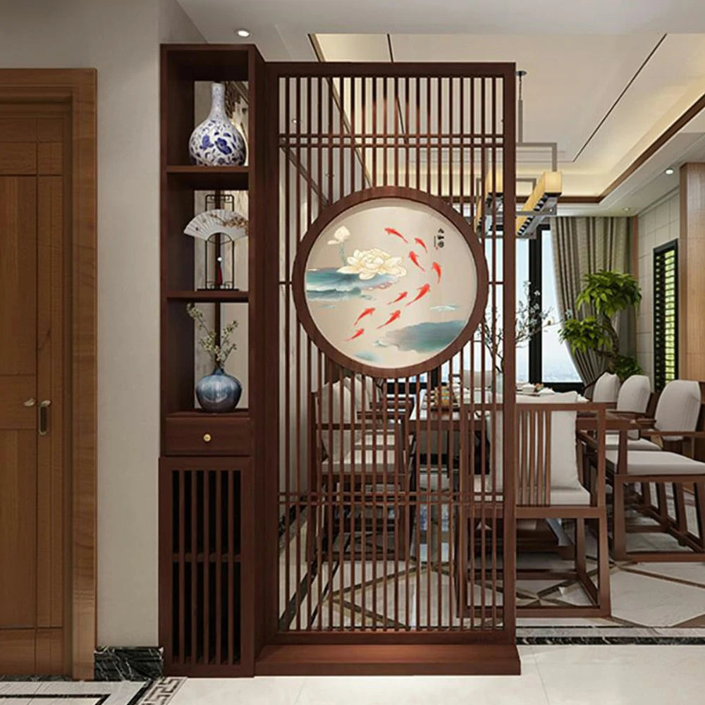 LIVARA Asian Style Walnut Wood Room Divider, Hollow Slatted Design with Koi Fish Motif, Elegant Home Decor