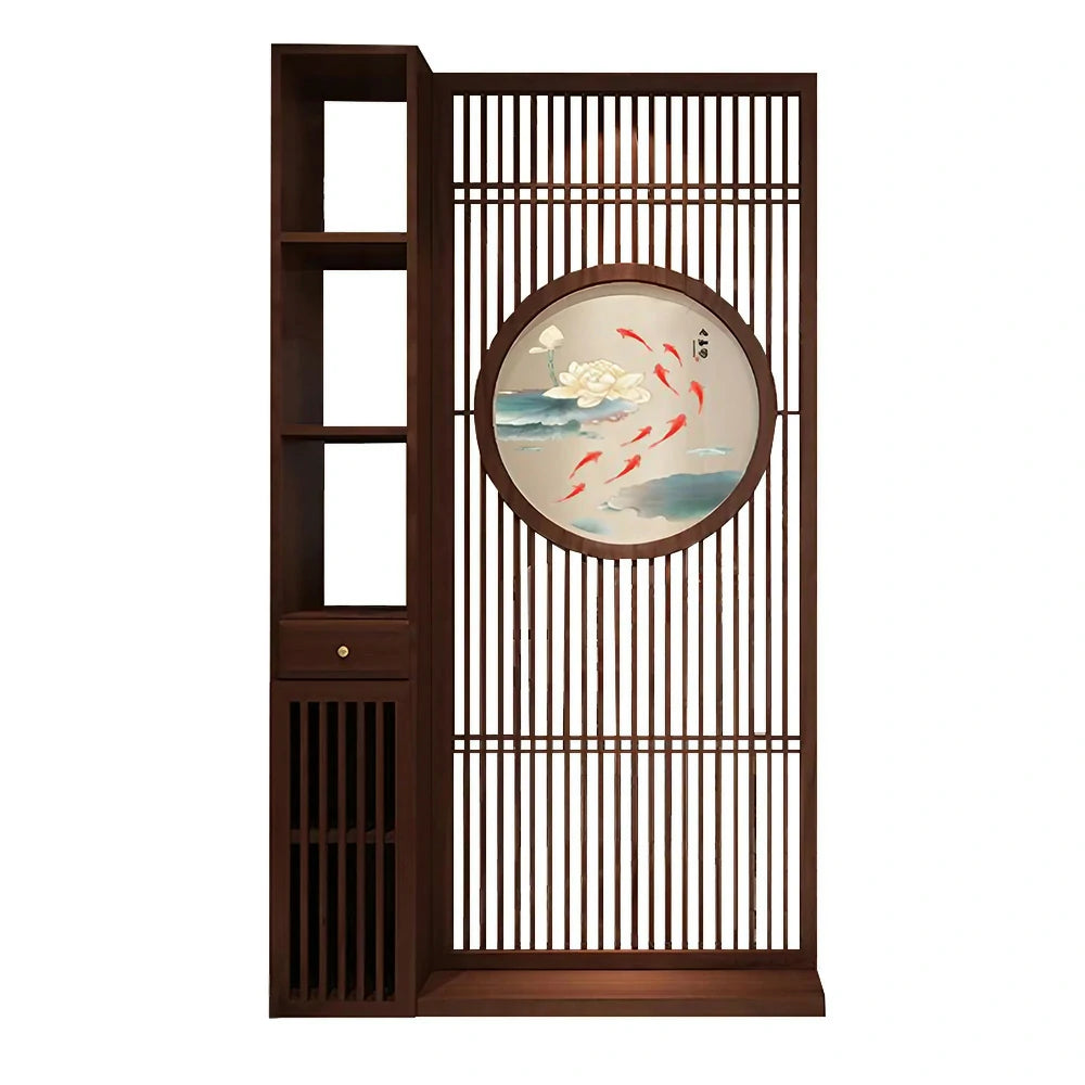 LIVARA Asian Style Walnut Wood Room Divider, Hollow Slatted Design with Koi Fish Motif, Elegant Home Decor