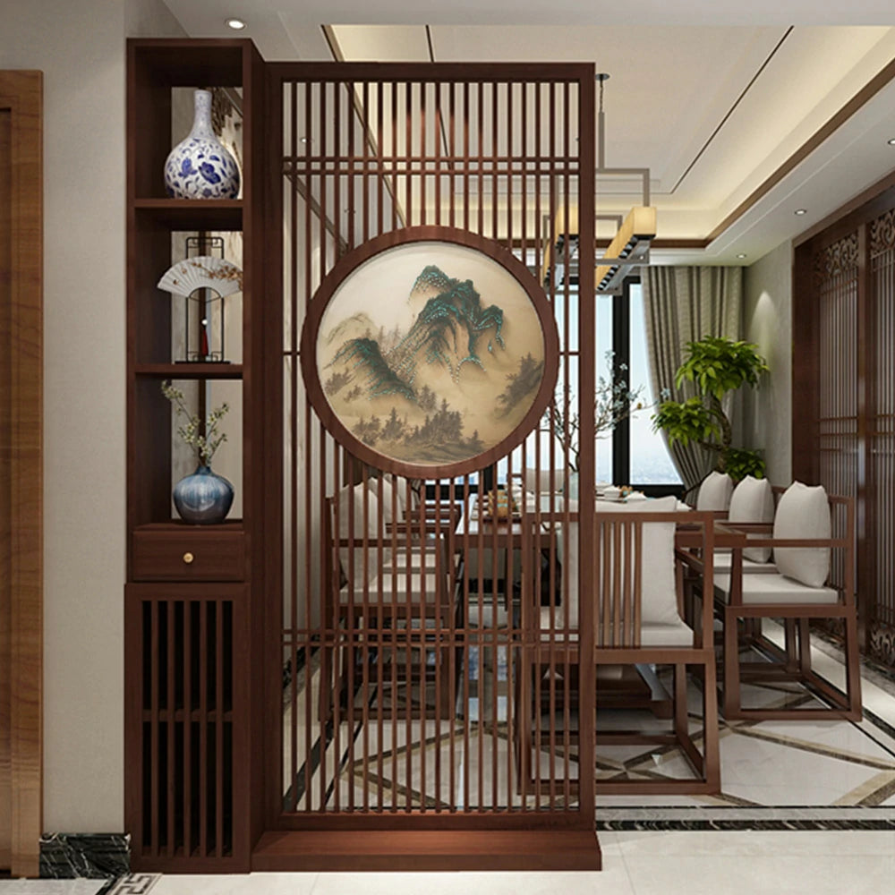 LIVARA Asian Style Walnut Wood Room Divider, Mountain Scenery Design, Elegant Privacy Screen for Home Decor