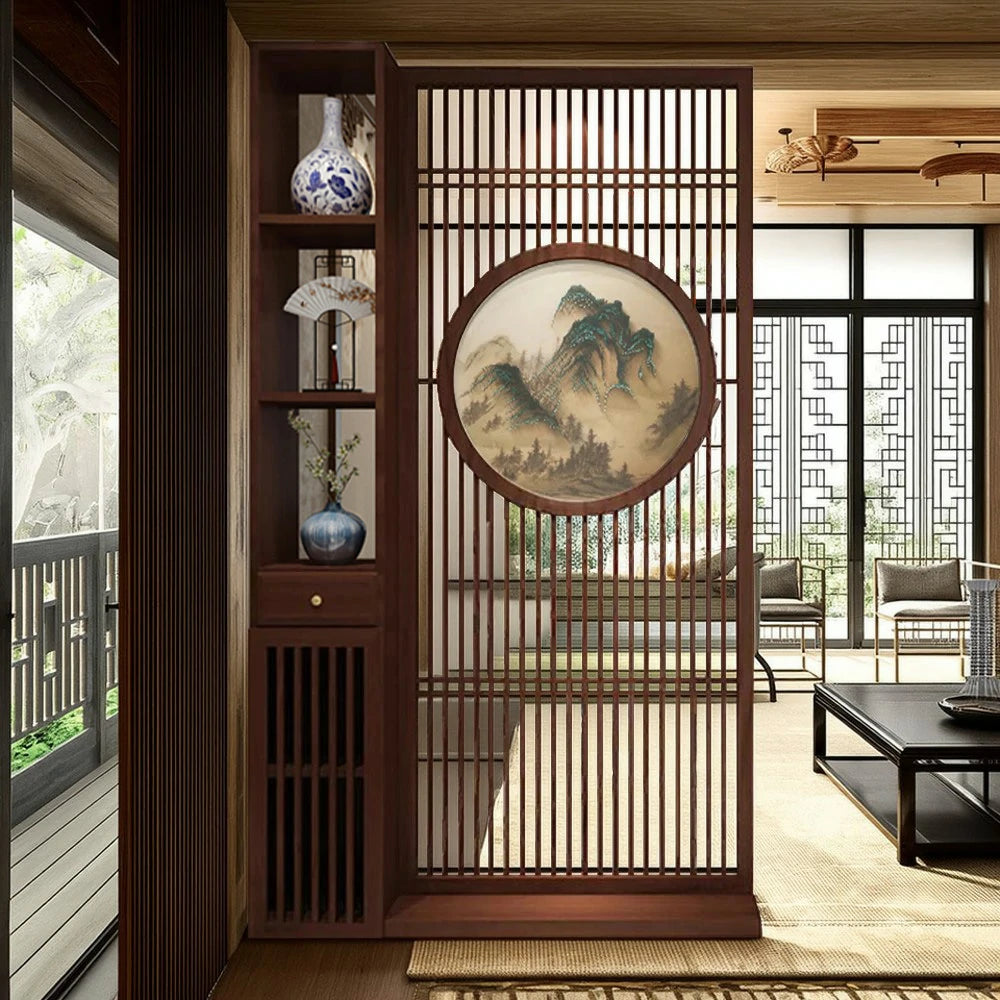 LIVARA Asian Style Walnut Wood Room Divider, Mountain Scenery Design, Elegant Privacy Screen for Home Decor