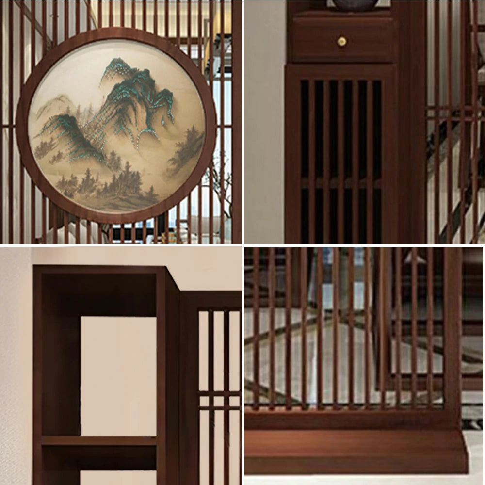 LIVARA Asian Style Walnut Wood Room Divider, Mountain Scenery Design, Elegant Privacy Screen for Home Decor