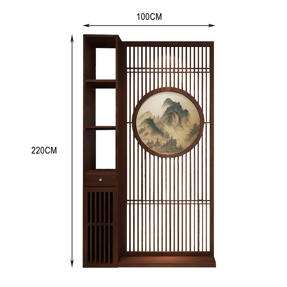 LIVARA Asian Style Walnut Wood Room Divider, Mountain Scenery Design, Elegant Privacy Screen for Home Decor