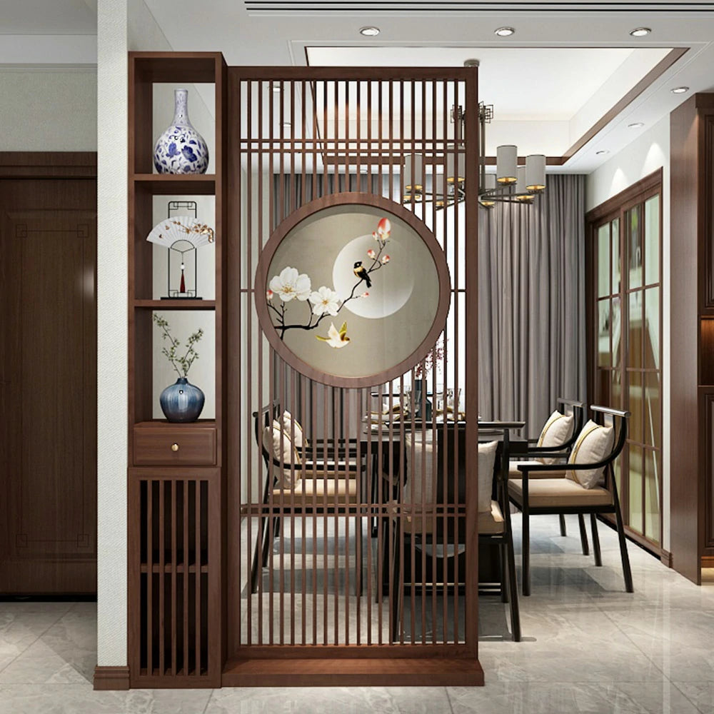 LIVARA Asian Style Walnut Wood Room Divider, Floral & Bird Motif, Elegant Privacy Screen for Home Decor