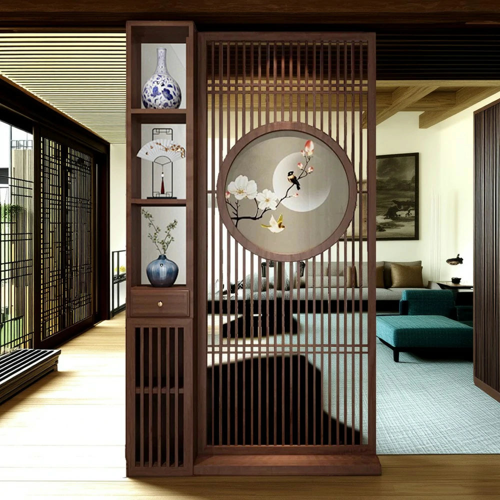 LIVARA Asian Style Walnut Wood Room Divider, Floral & Bird Motif, Elegant Privacy Screen for Home Decor
