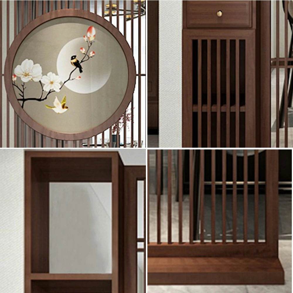 LIVARA Asian Style Walnut Wood Room Divider, Floral & Bird Motif, Elegant Privacy Screen for Home Decor