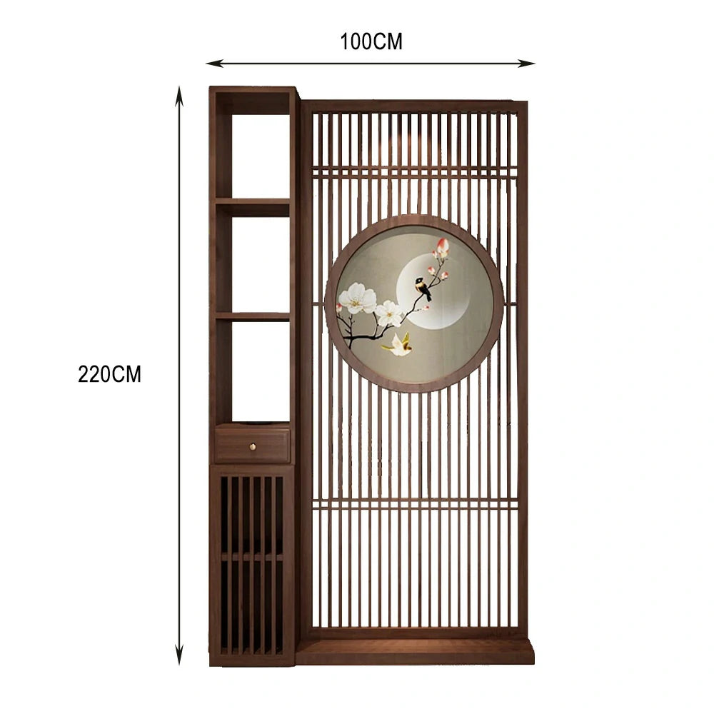 LIVARA Asian Style Walnut Wood Room Divider, Floral & Bird Motif, Elegant Privacy Screen for Home Decor