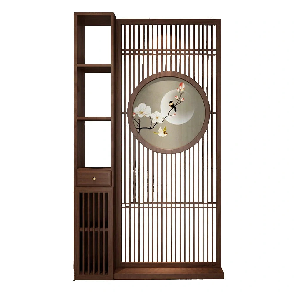 LIVARA Asian Style Walnut Wood Room Divider, Floral & Bird Motif, Elegant Privacy Screen for Home Decor