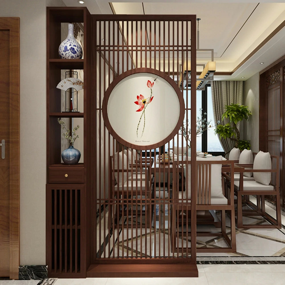 LIVARA Asian Style Walnut Wood Room Divider, Hollow Slatted Design with Lotus Motif, Elegant Home Decor Screen
