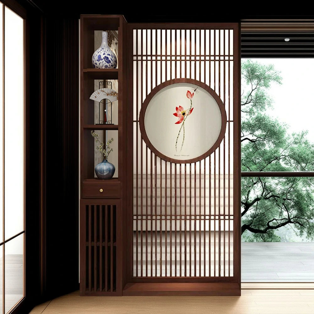 LIVARA Asian Style Walnut Wood Room Divider, Hollow Slatted Design with Lotus Motif, Elegant Home Decor Screen