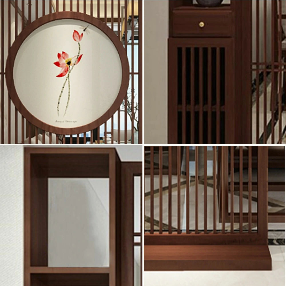 LIVARA Asian Style Walnut Wood Room Divider, Hollow Slatted Design with Lotus Motif, Elegant Home Decor Screen