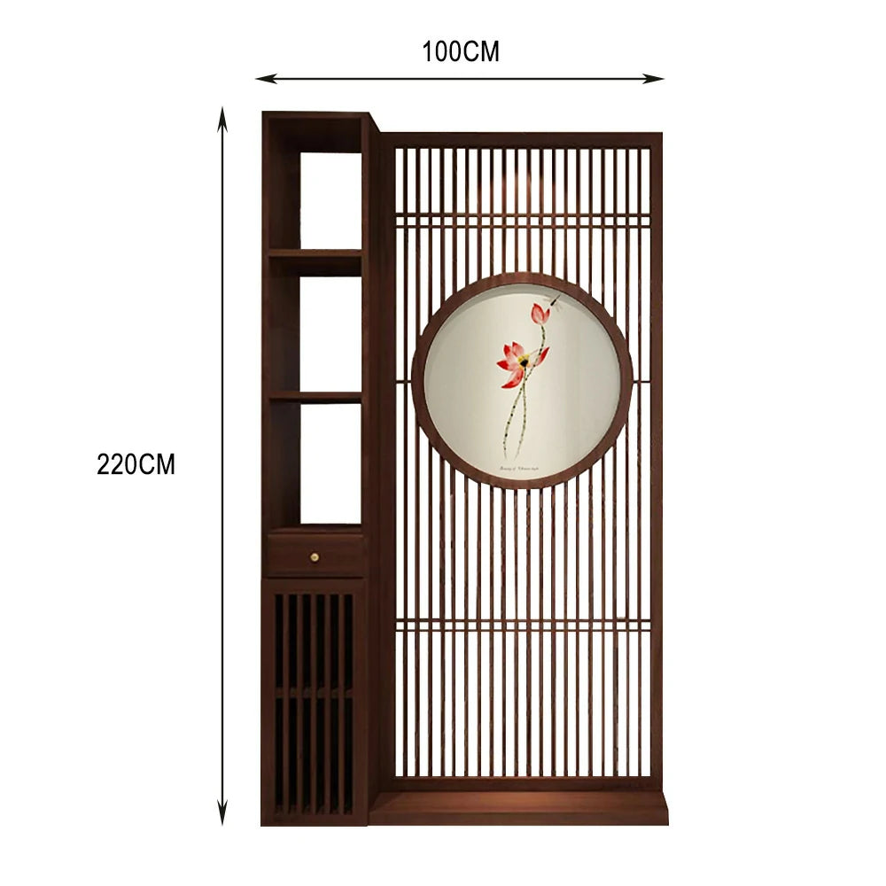 LIVARA Asian Style Walnut Wood Room Divider, Hollow Slatted Design with Lotus Motif, Elegant Home Decor Screen