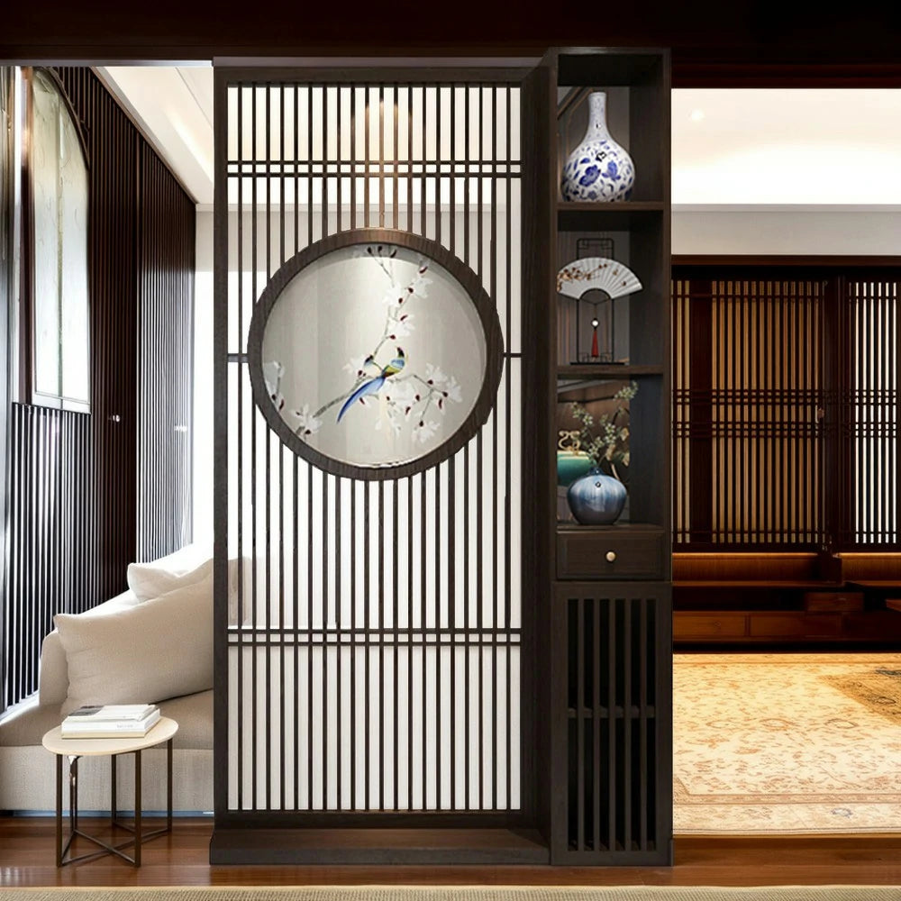 LIVARA Oriental Style Walnut Wood Room Divider, Hollow Slatted Design, Ideal for Entryway or Foyer Spaces