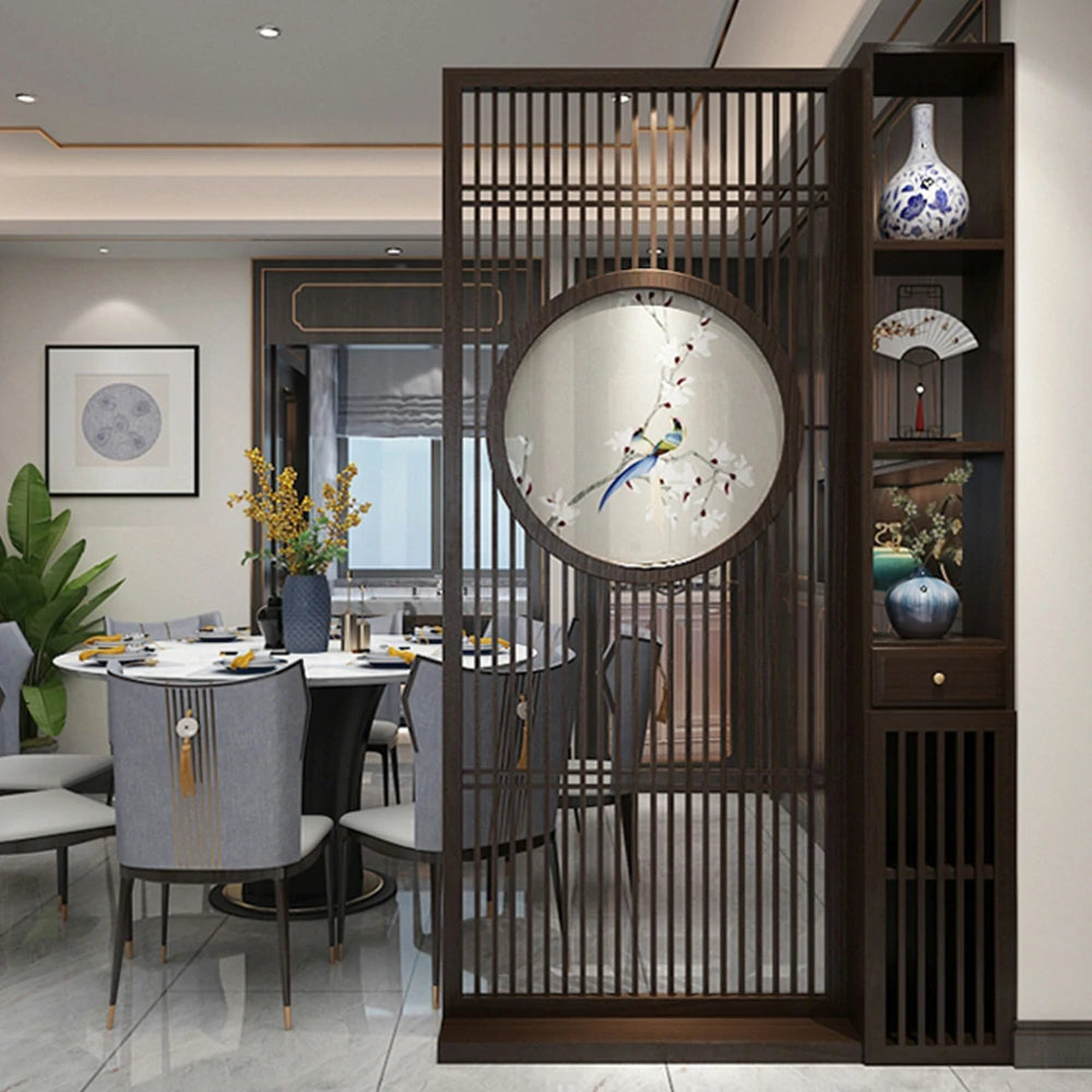 LIVARA Oriental Style Walnut Wood Room Divider, Hollow Slatted Design, Ideal for Entryway or Foyer Spaces