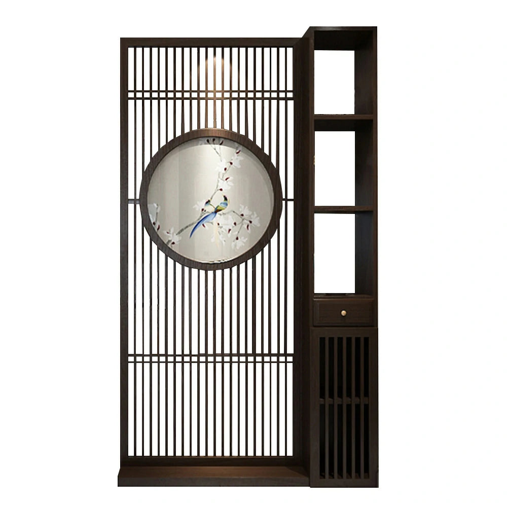 LIVARA Oriental Style Walnut Wood Room Divider, Hollow Slatted Design, Ideal for Entryway or Foyer Spaces