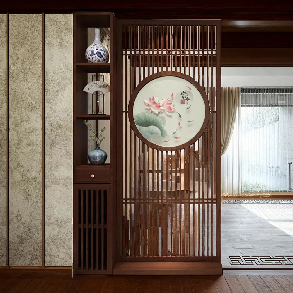 LIVARA Oriental Style Walnut Wood Room Divider, Hollow Slatted Design with Lotus & Koi Motif, Ideal for Entryway or Foyer