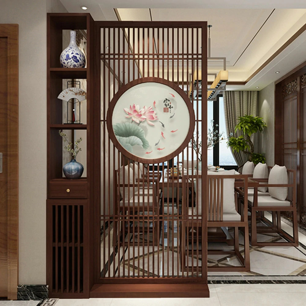 LIVARA Oriental Style Walnut Wood Room Divider, Hollow Slatted Design with Lotus & Koi Motif, Ideal for Entryway or Foyer