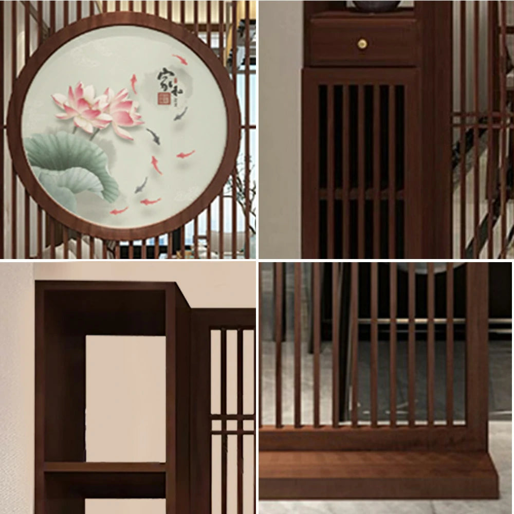 LIVARA Oriental Style Walnut Wood Room Divider, Hollow Slatted Design with Lotus & Koi Motif, Ideal for Entryway or Foyer