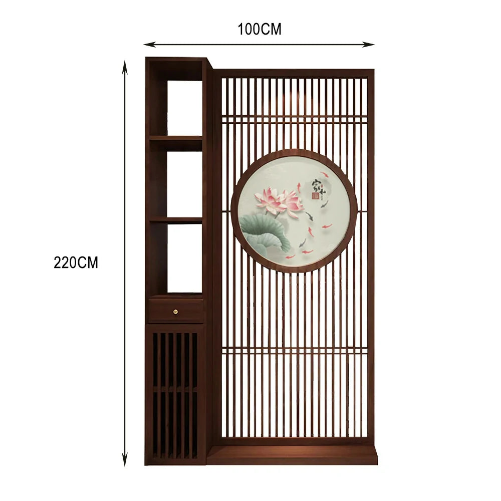 LIVARA Oriental Style Walnut Wood Room Divider, Hollow Slatted Design with Lotus & Koi Motif, Ideal for Entryway or Foyer
