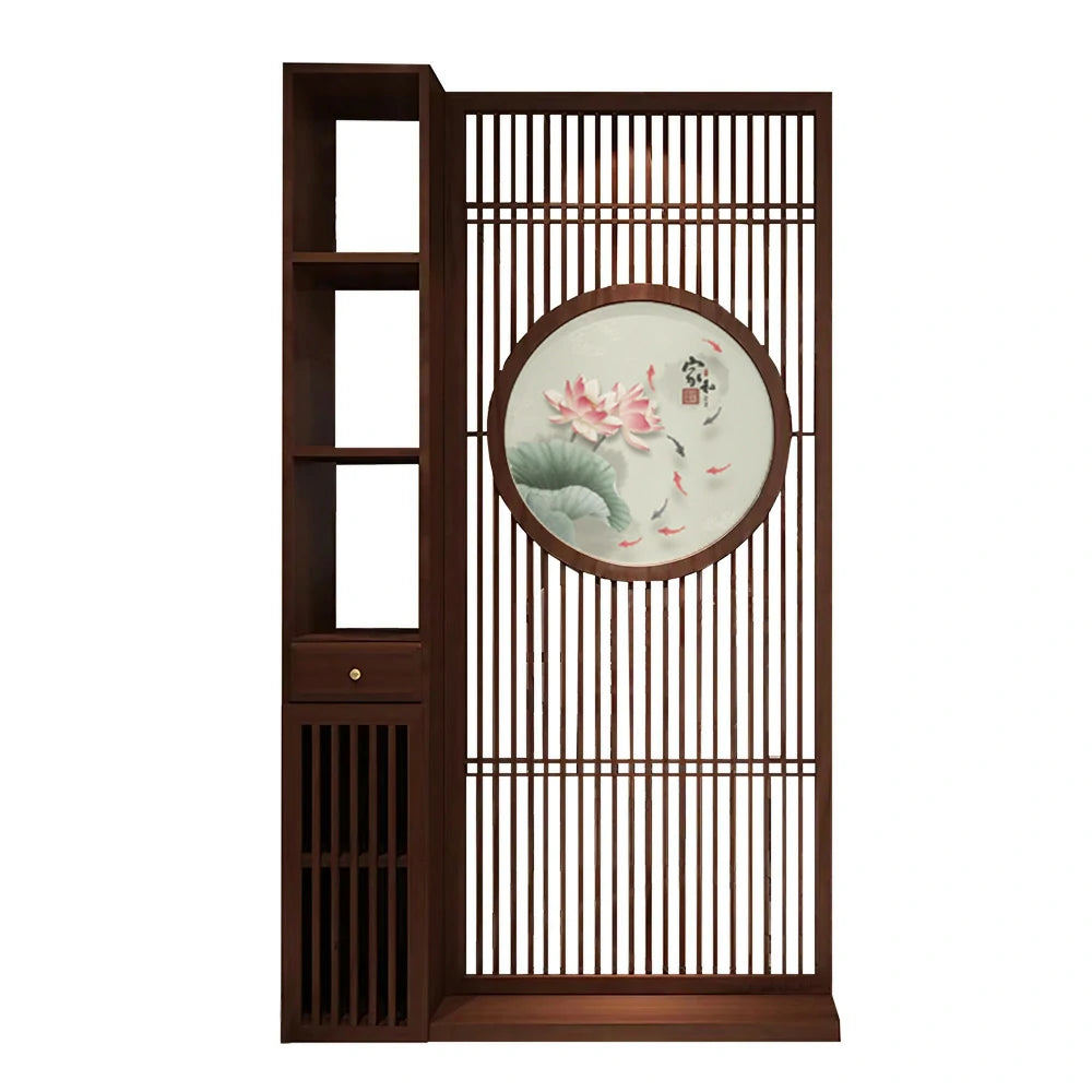 LIVARA Oriental Style Walnut Wood Room Divider, Hollow Slatted Design with Lotus & Koi Motif, Ideal for Entryway or Foyer