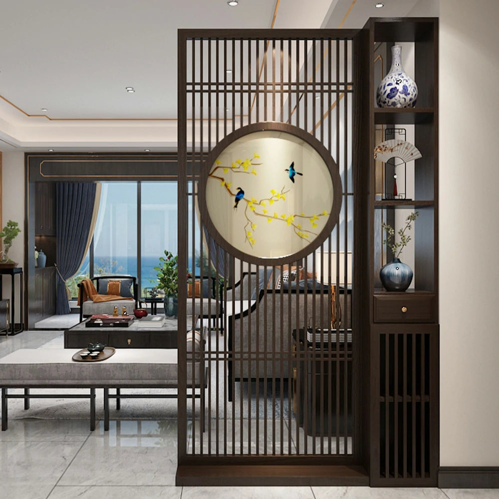 LIVARA Oriental Style Walnut Wood Room Divider, Hollow Slatted Privacy Screen, Perfect for Entryway or Foyer Decoration
