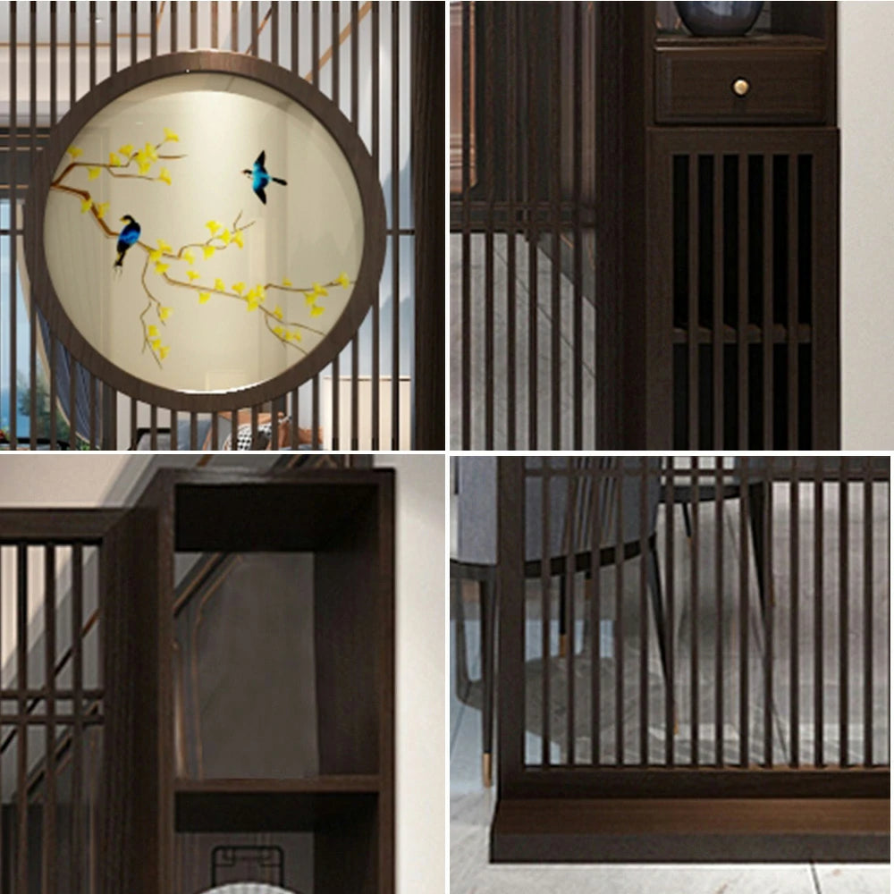 LIVARA Oriental Style Walnut Wood Room Divider, Hollow Slatted Privacy Screen, Perfect for Entryway or Foyer Decoration