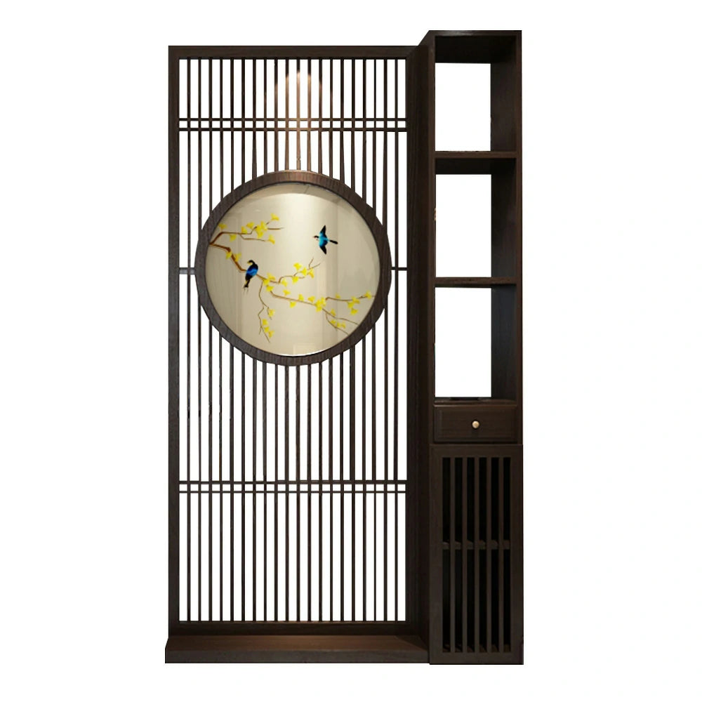 LIVARA Oriental Style Walnut Wood Room Divider, Hollow Slatted Privacy Screen, Perfect for Entryway or Foyer Decoration