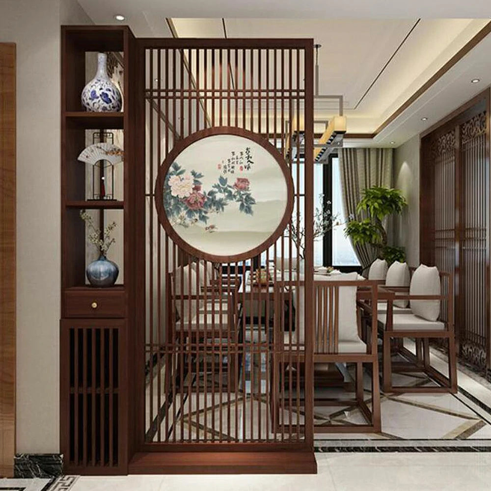 LIVARA Oriental Style Walnut Wood Room Divider, Hollow Slatted Design with Peony Motif, Ideal for Entryway or Foyer Decor