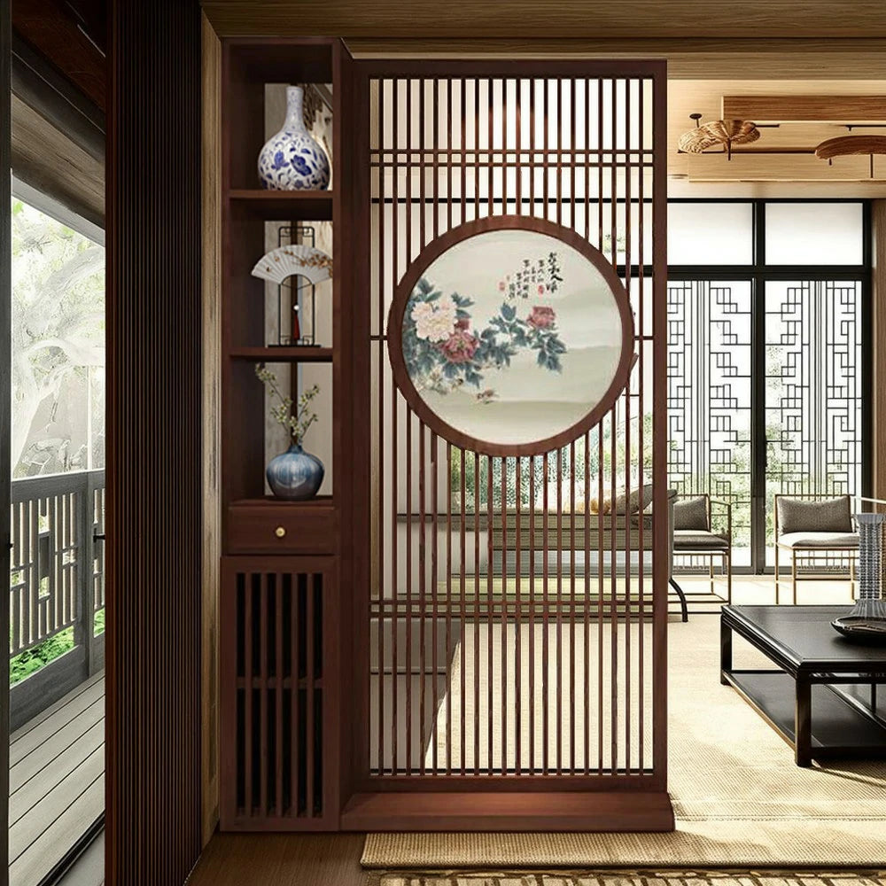 LIVARA Oriental Style Walnut Wood Room Divider, Hollow Slatted Design with Peony Motif, Ideal for Entryway or Foyer Decor