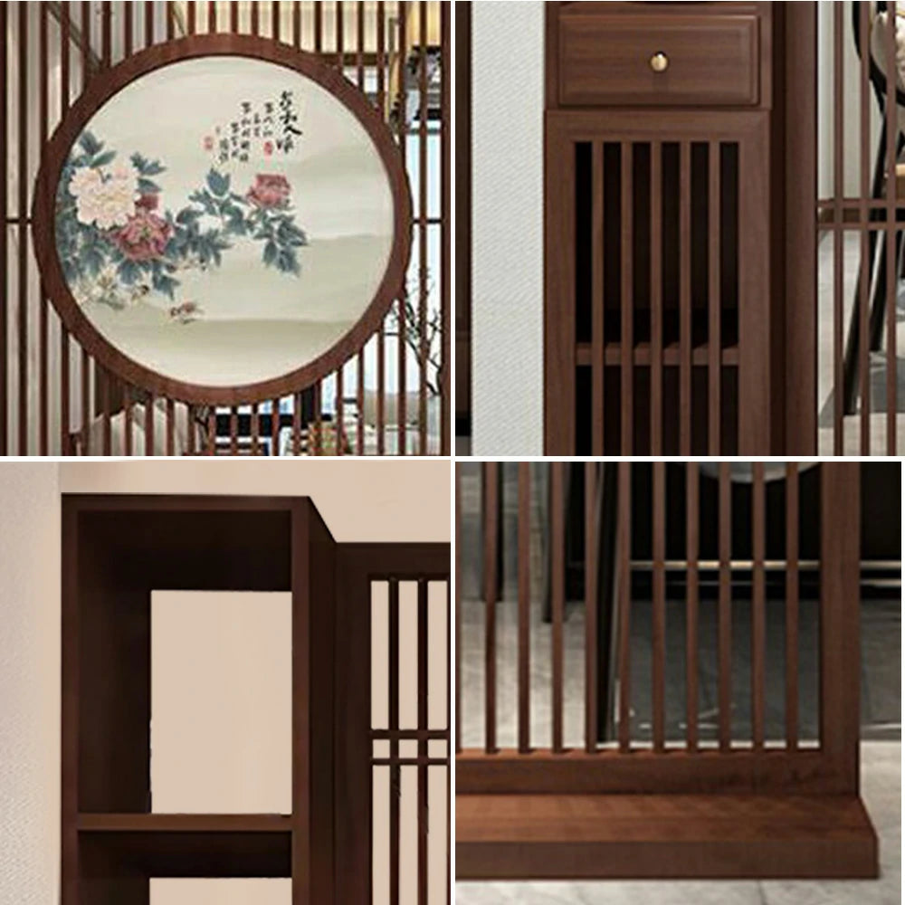 LIVARA Oriental Style Walnut Wood Room Divider, Hollow Slatted Design with Peony Motif, Ideal for Entryway or Foyer Decor