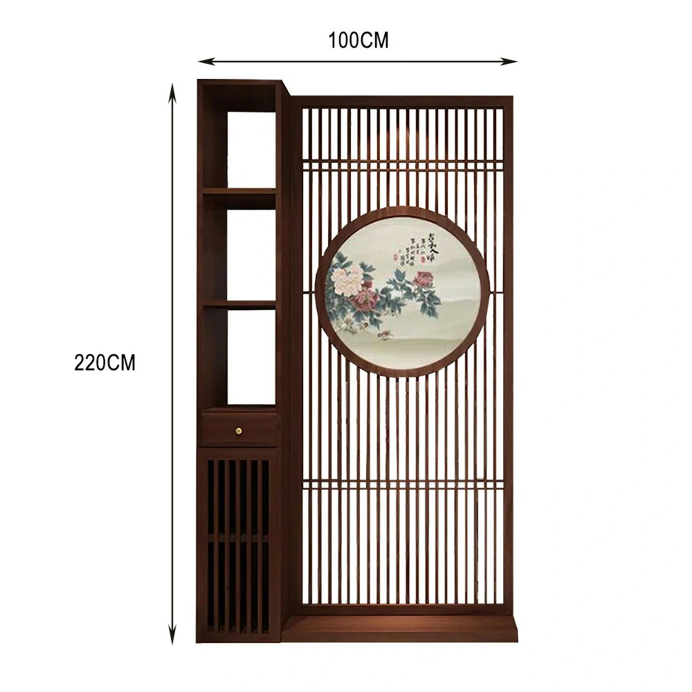 LIVARA Oriental Style Walnut Wood Room Divider, Hollow Slatted Design with Peony Motif, Ideal for Entryway or Foyer Decor