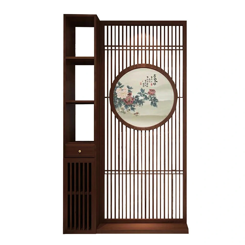 LIVARA Oriental Style Walnut Wood Room Divider, Hollow Slatted Design with Peony Motif, Ideal for Entryway or Foyer Decor