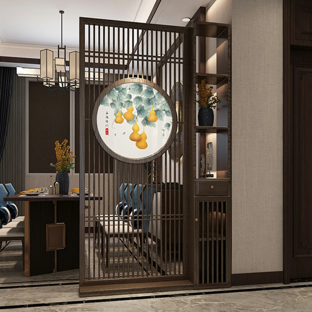 LIVARA Oriental Style Walnut Wood Room Divider, Hollow Slatted Design, Elegant Privacy Screen for Entryway or Living Room