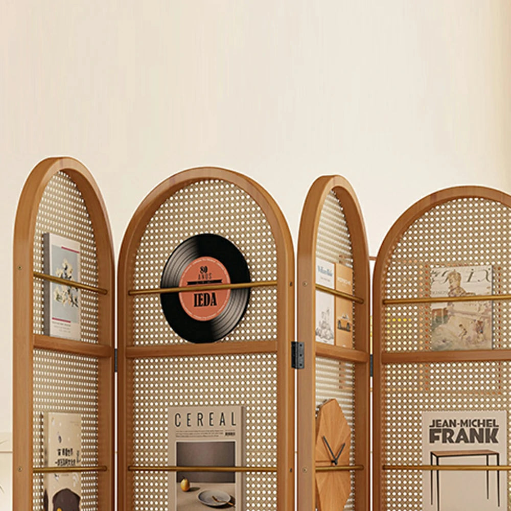 LIVARA Foldable 4-Panel Woven Rattan Bamboo Room Divider with Magazine Rack Arched Design