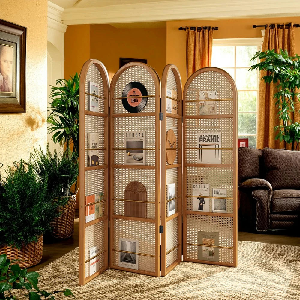 LIVARA Foldable 4-Panel Woven Rattan Bamboo Room Divider with Magazine Rack Arched Design